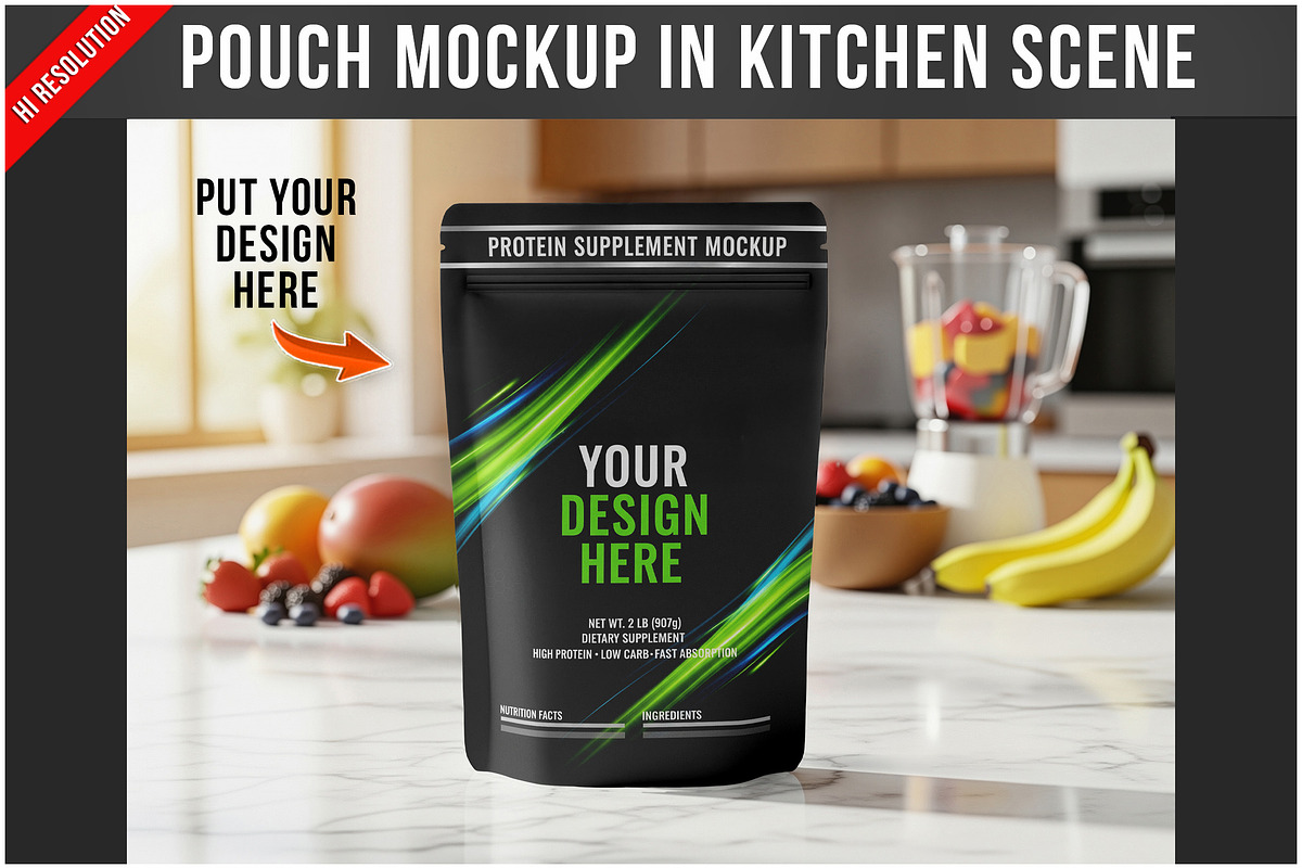 Pouch Mockup In Kitchen Scene PSD, a Product Mockup by Bruno's Shop (Photo 1 of 4)