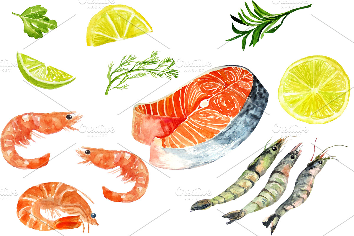 Watercolor image of seafood set, a Food Illustration by Elena Dorosh (Photo 3 of 5)