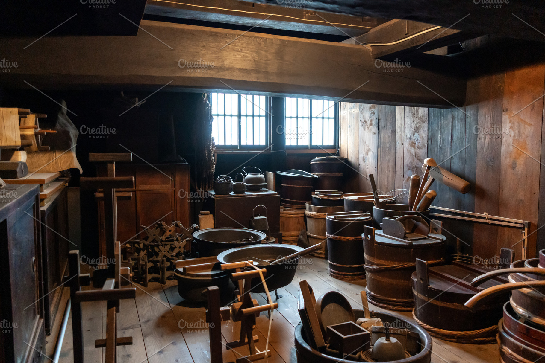 Traditional utensils inside historic house in Shirakawa-go, Japa, an Architecture Photo by GoodGoods