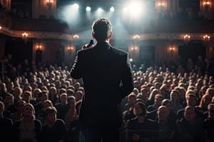 Motivational speaker performing on stage, a Business Photo by AlyaAnd