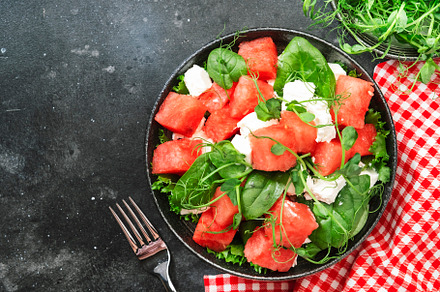 Watermelon salad bowl with soft goat cheese, spinach and pea spr, a Food & Drink Photo by 5PH