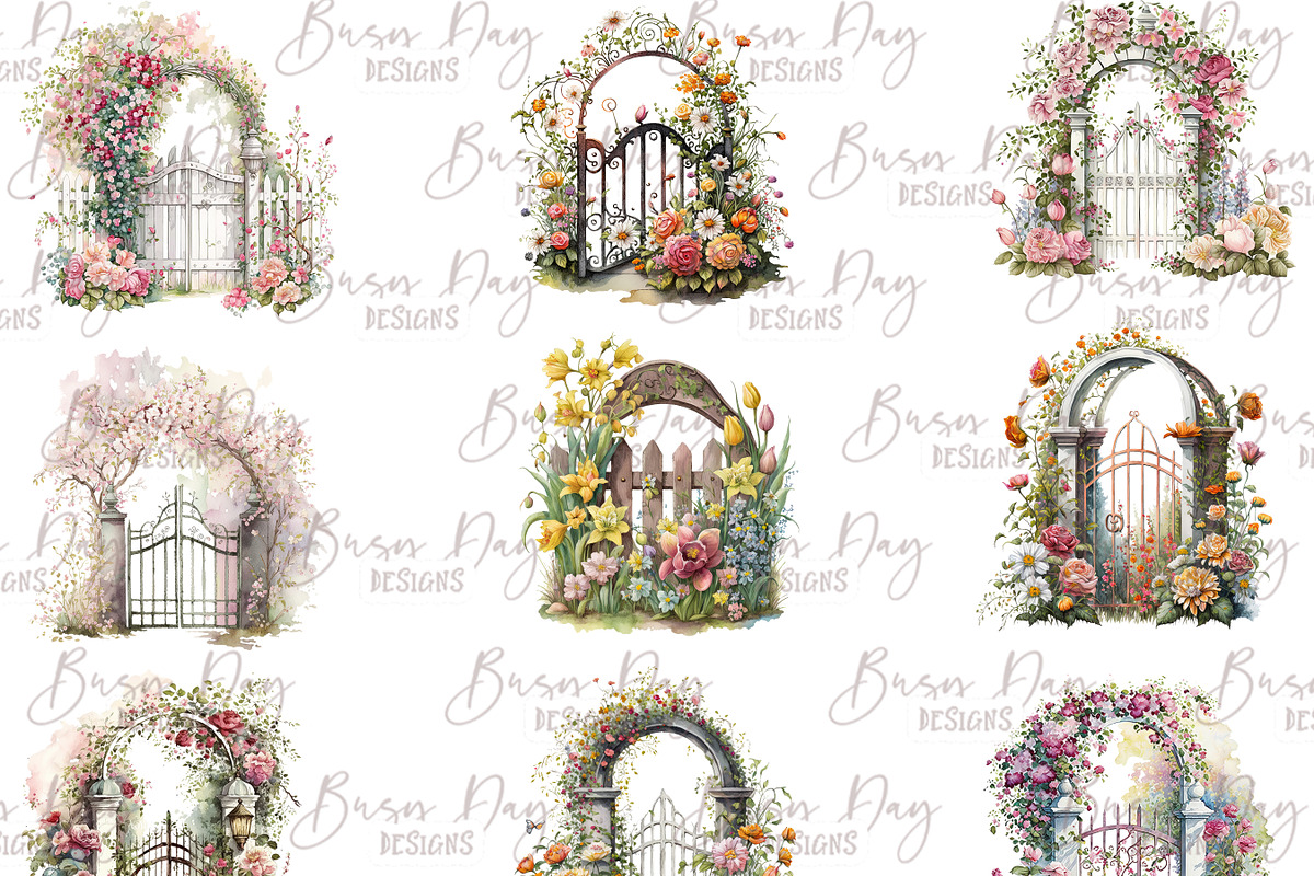 Watercolor Garden Gates Clipart, an Object Illustration by BusyDaydesign (Photo 3 of 8)