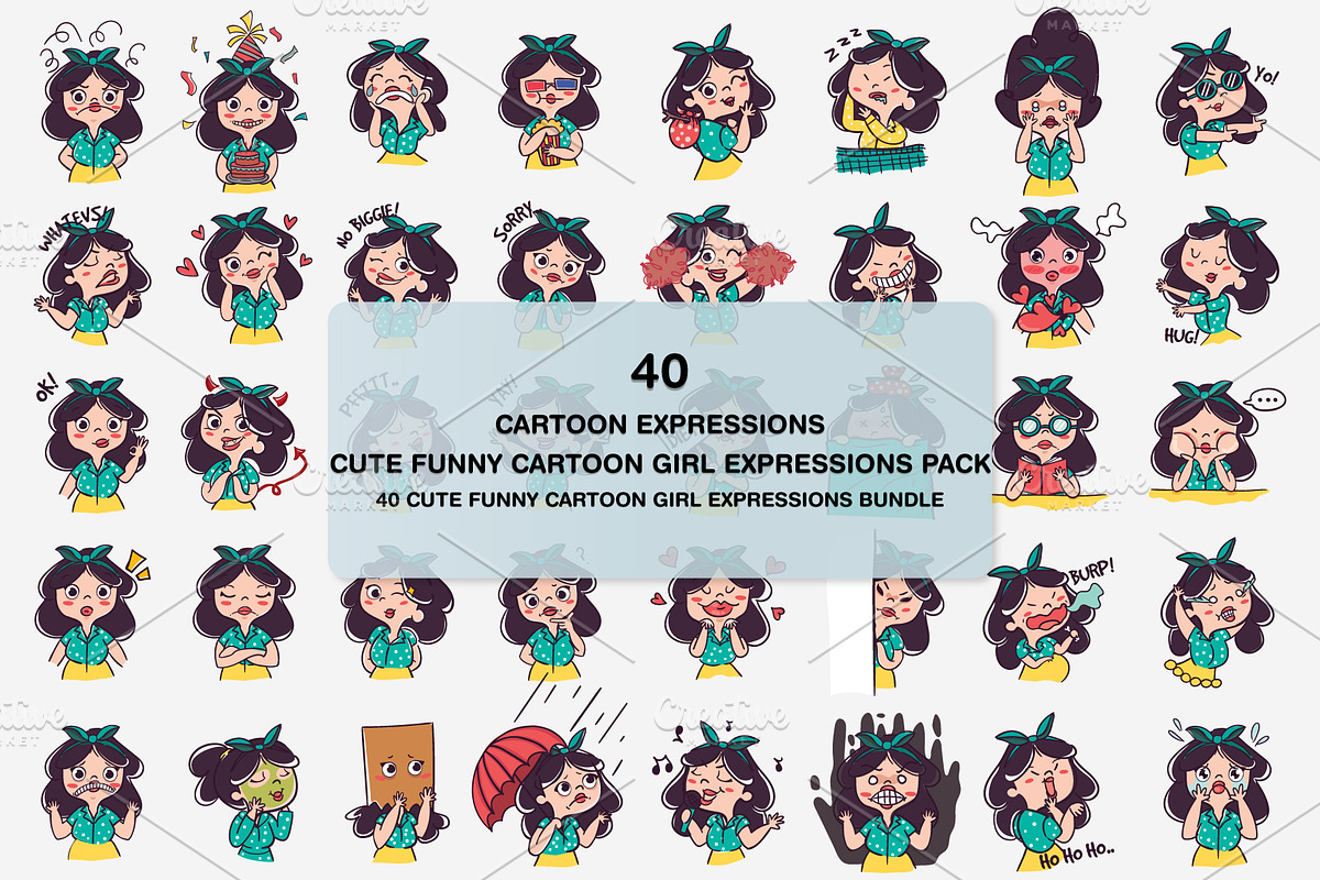 Cute Cartoon Girl Expressions Pack, an Education Illustration by naem021 (Photo 2 of 5)