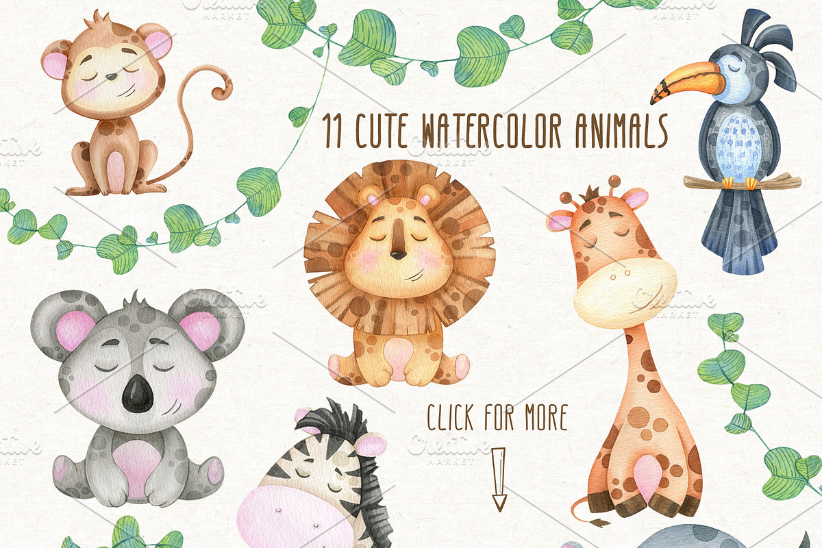 Little jungle watercolor clip art, an Animal Illustration by ekossa_art (Photo 2 of 7)