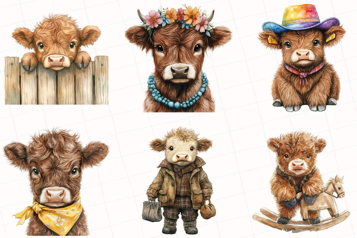 Cute Western Highland Cows Clipart, an Illustration by OK Design (Photo 4 of 5)