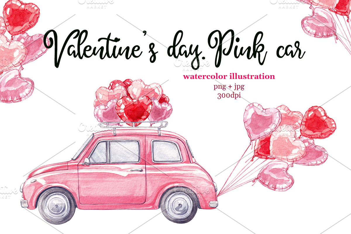 Valentine's Day. Watercolor car, an Illustration by Blowballmay (Photo 1 of 2)