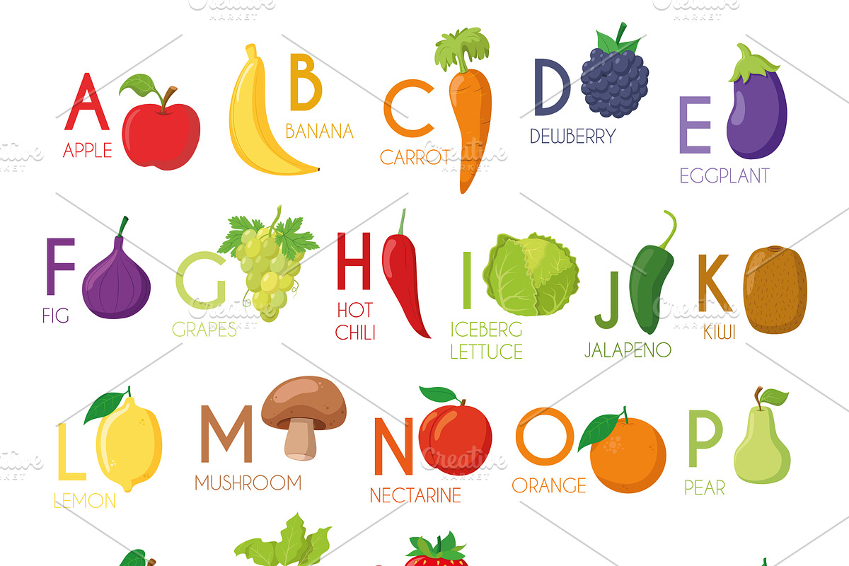 English Fruits & Vegetables Alphabet, an Education Illustration by asantosg