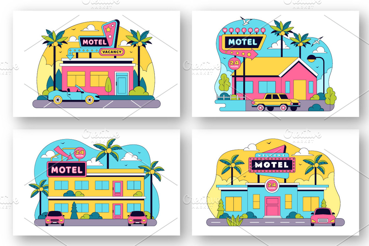 10 Retro Roadside Motel Illustration, an Object Illustration by denayunebgt (Photo 2 of 4)