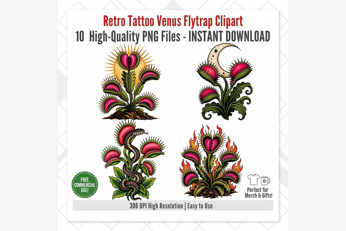 Retro Tattoo Venus Flytrap Clipart, a Seasonal Illustration by Tanya Kart (Photo 8 of 8)