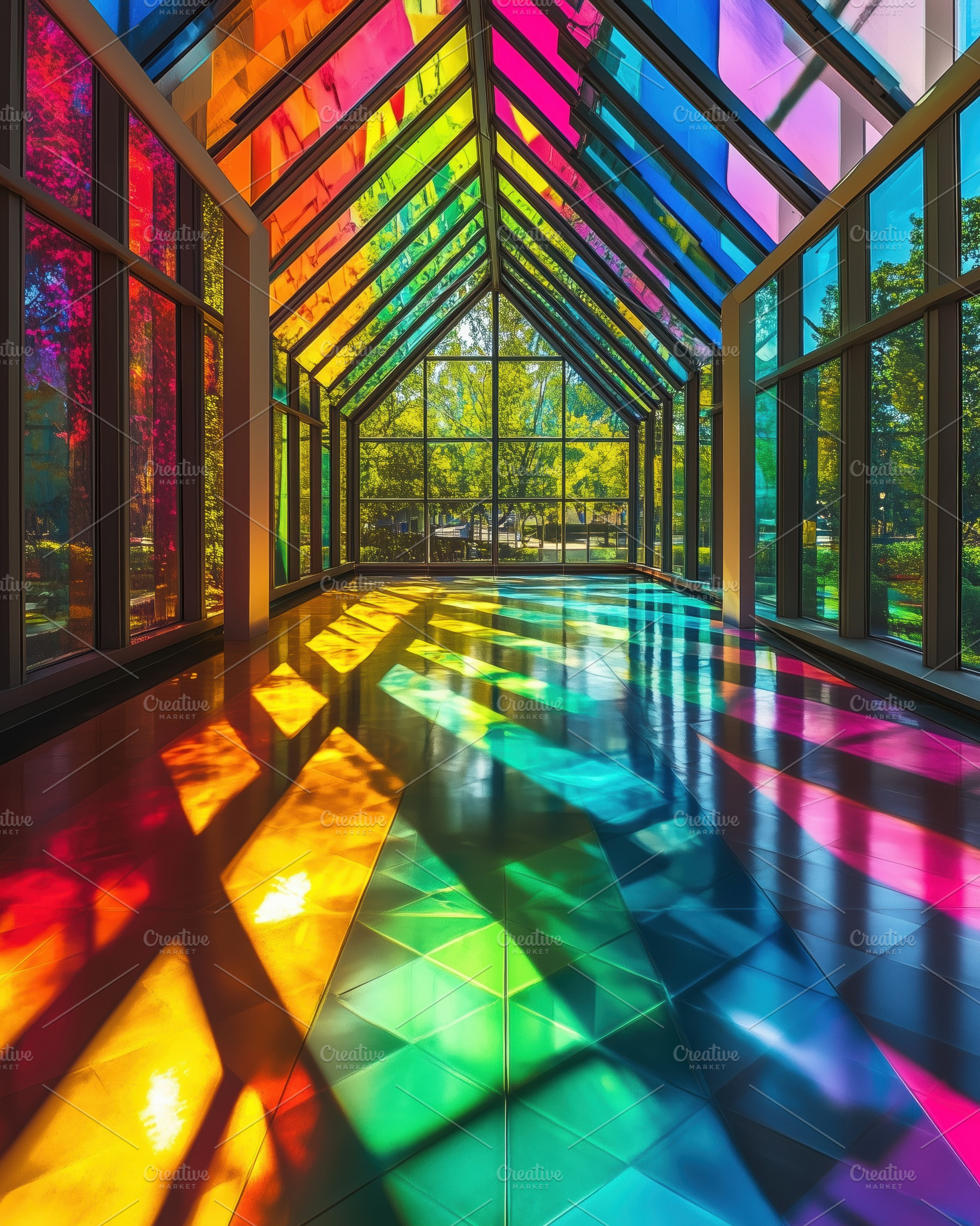 A vibrant, colorful interior of a glass structure with rainbow reflections on t, an Arts & Entertainment Photo by Textures & Backgrounds