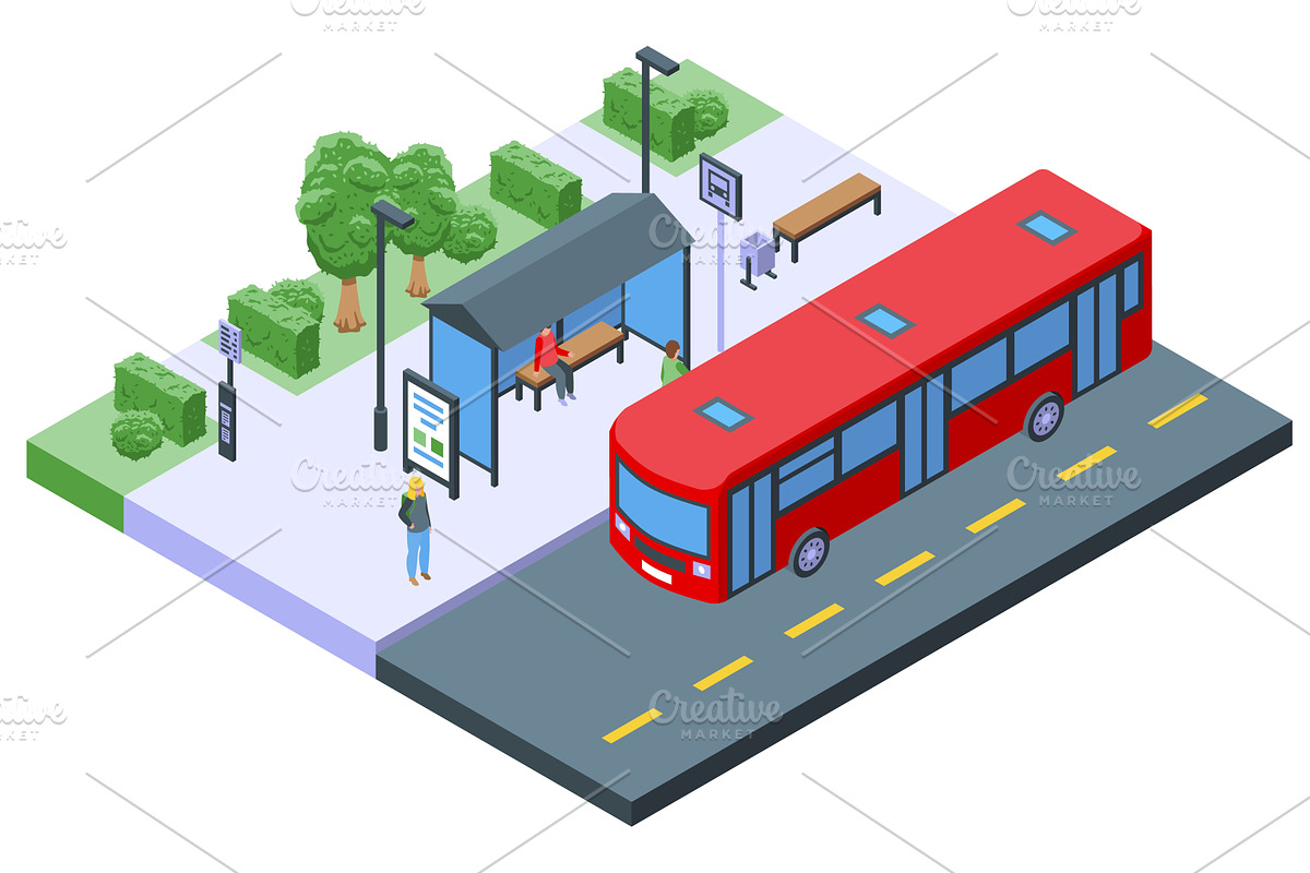 Isometric bus on bus station. People, a Transportation Illustration by Valerie Bodnar