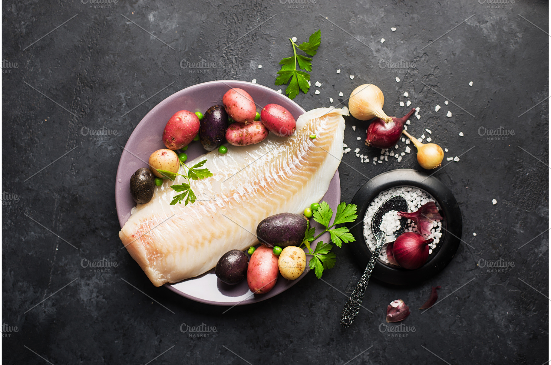 A fish dish. Ingredients. Cod and, a Food & Drink Photo by IleishAnna