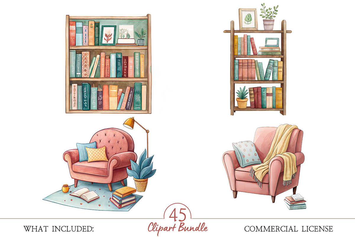 Watercolor Book Lover Clipart Bundle, an Illustration by MockupWizard (Photo 6 of 6)