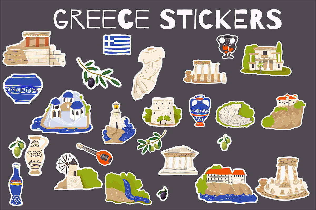 Greece landmarks stickers, an Illustration by NataLyaroArt