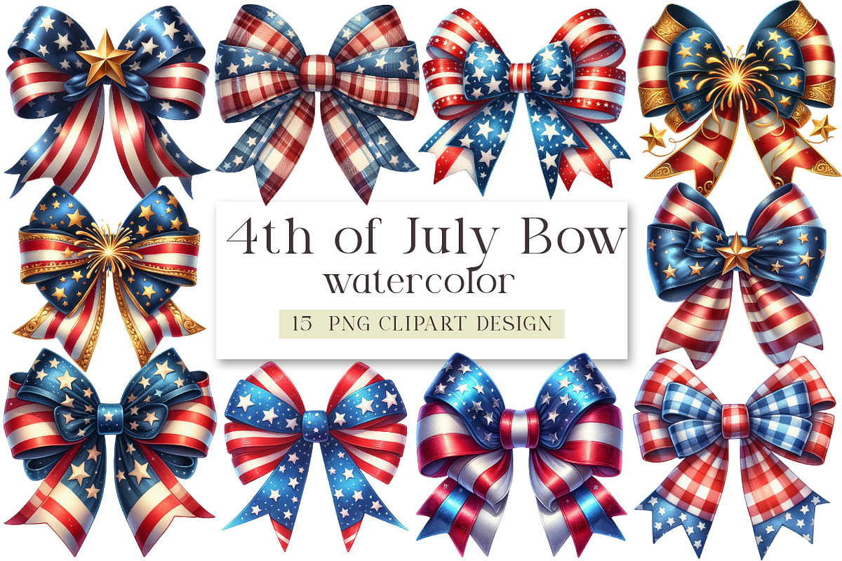 Watercolor 4th of July Bow Clipart, a Seasonal Illustration by DreamArtGraphic (Photo 1 of 3)