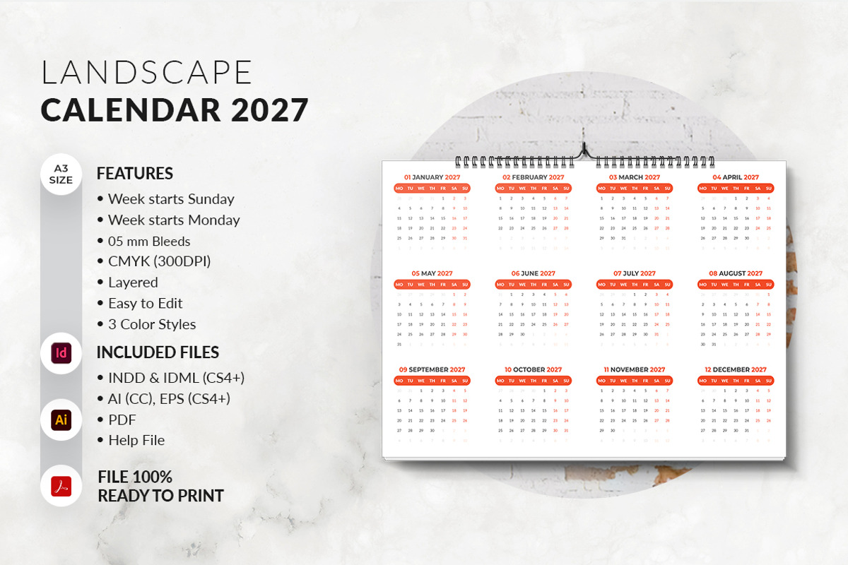 Landscape Calendar 2027 Template, a Stationery Template by MstArtwork (Photo 5 of 7)