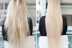 Before and after straightenin treatm featuring hair, before, and after