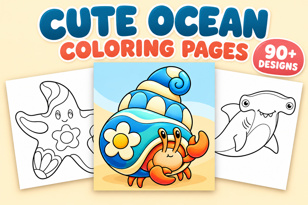 Cute Ocean Coloring Pages, an Animal Illustration by Inkivelle Studio (Photo 1 of 3)