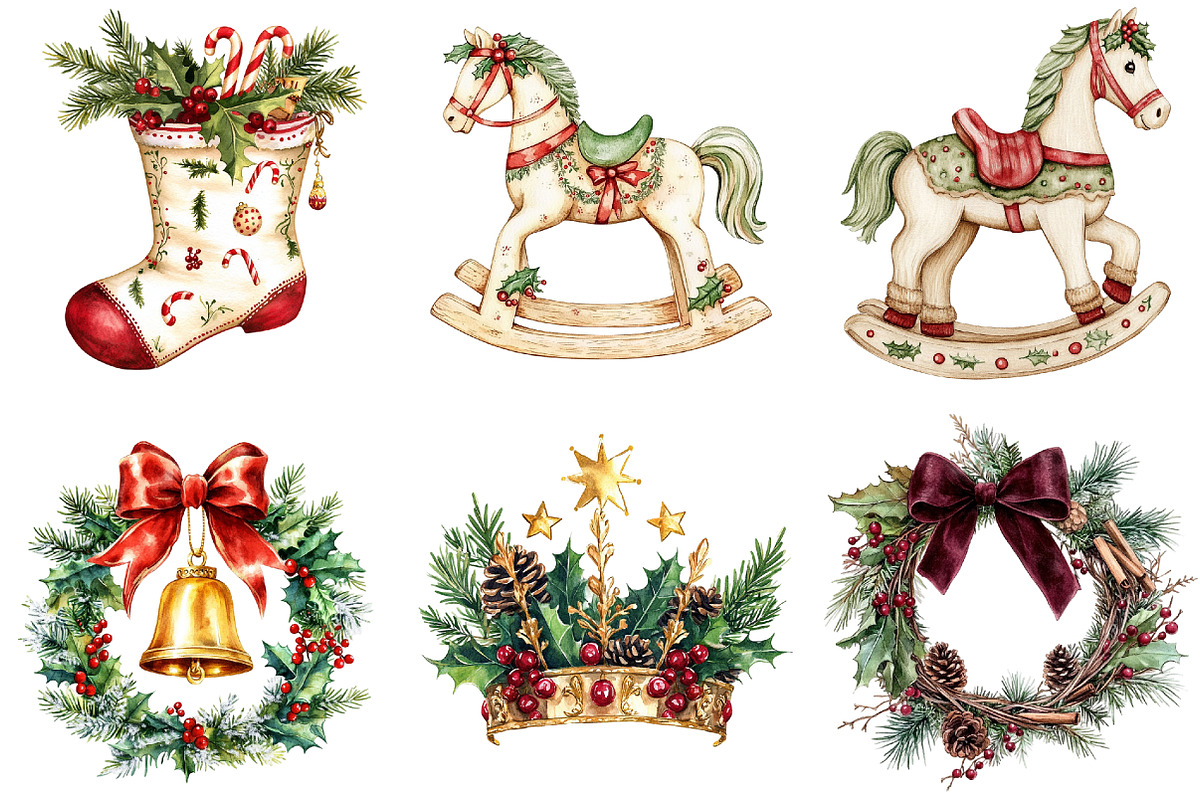 Antique Christmas Watercolor Clipart, a Seasonal Illustration by CitraGraphics (Photo 4 of 6)