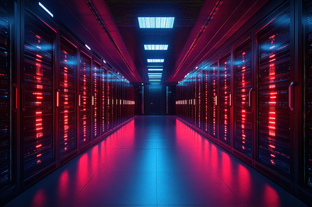 Server Room: A long aisle with illum, a Background Photo by Pixeness