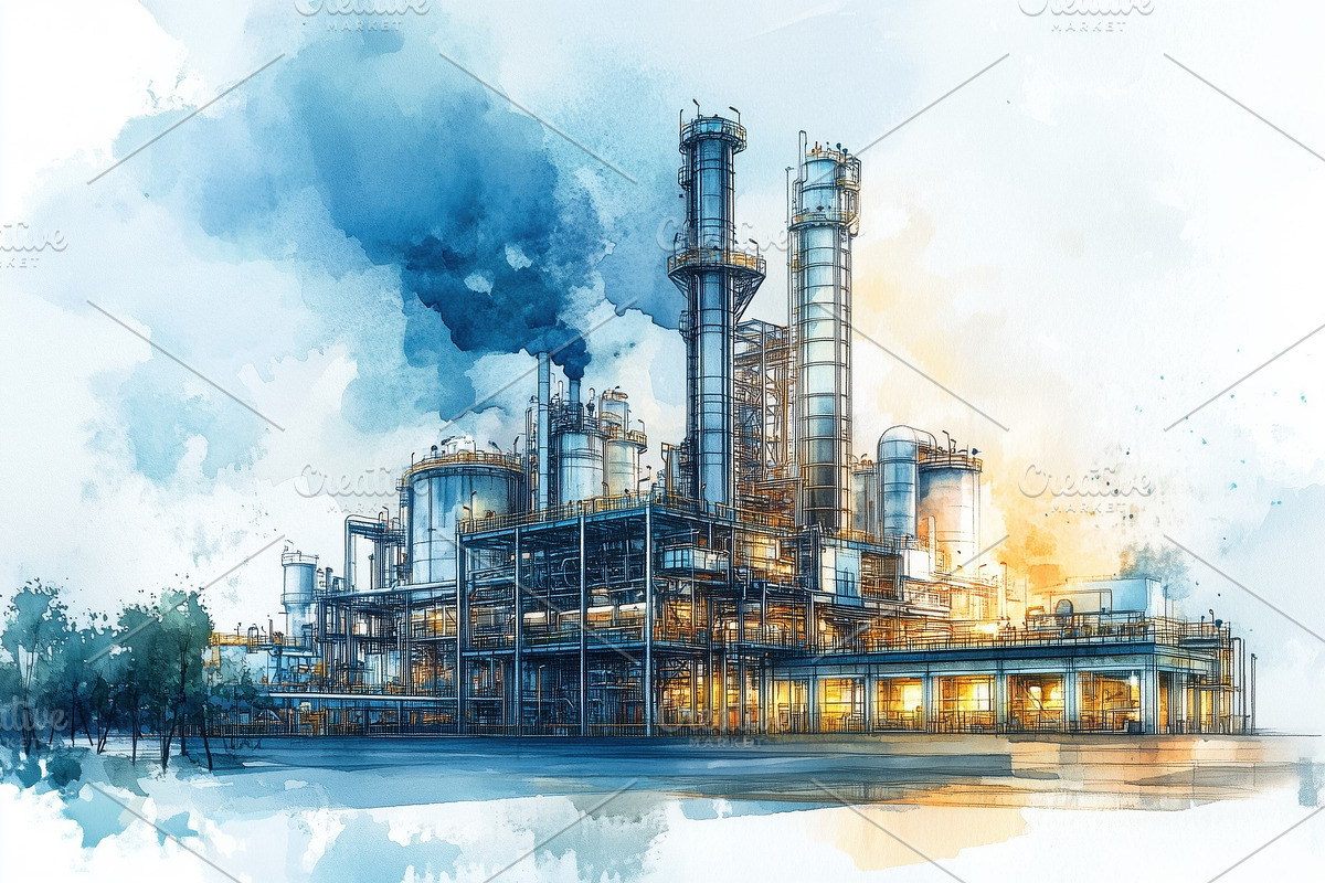 A detailed illustration of a modern industrial plant with smokestacks, emitting, a Technology Illustration by Textures & Backgrounds