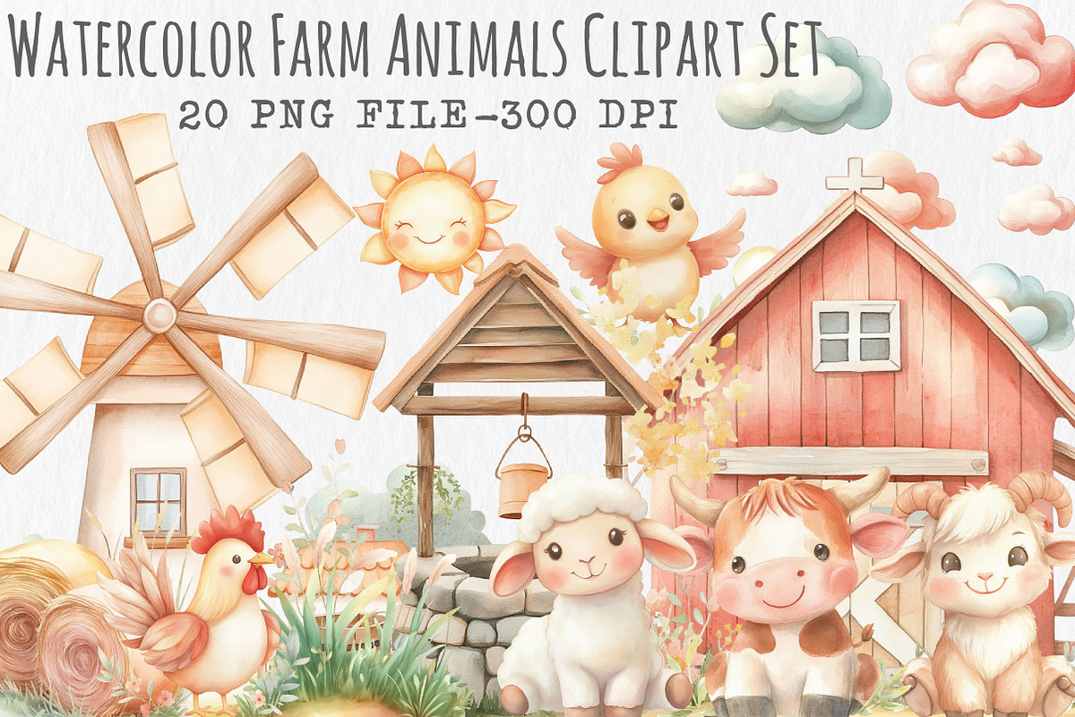 Watercolor Farm Animals Clipart Set, an Illustration by Libby Wishes (Photo 1 of 7)