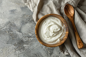 Bowl with white yogurt on grey background, a Food & Drink Photo by AlyaAnd