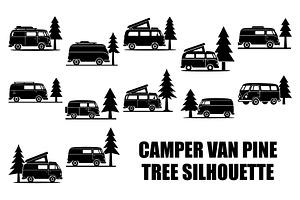 Camper Van and Pine Tree Silhouette, a Transportation Illustration by abu67222