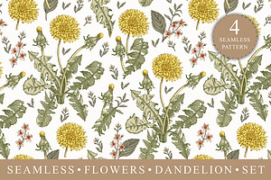 4 Seamless Flowers Dandelion Vintage
