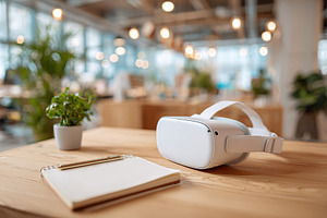 Virtual reality language learning interface in a modern workspace setting, a Photo by AlyaAnd