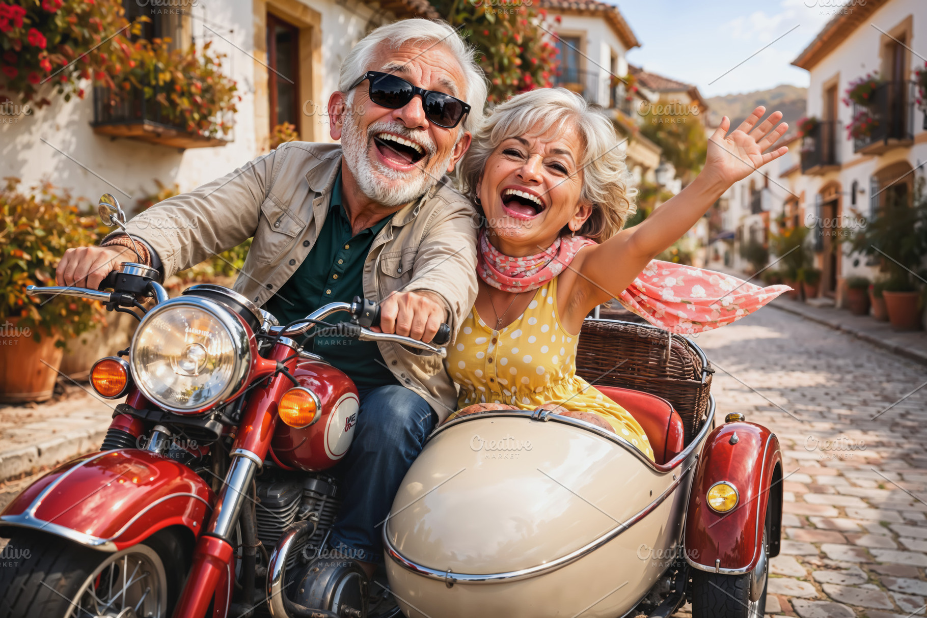 Happy elderly couple on a vintage mo, a Person Photo by angellodeco