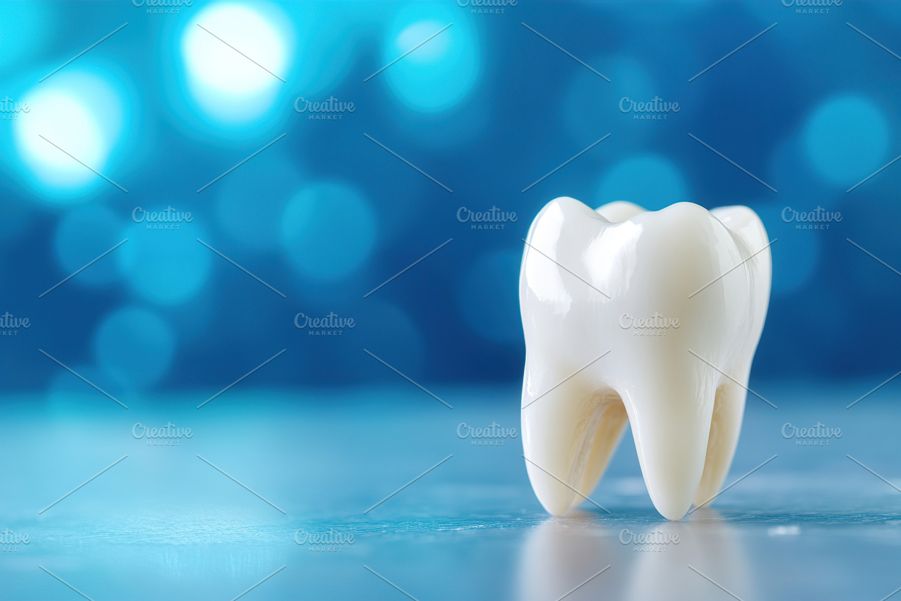 Big white tooth model on blue background, a Photo by AlyaAnd