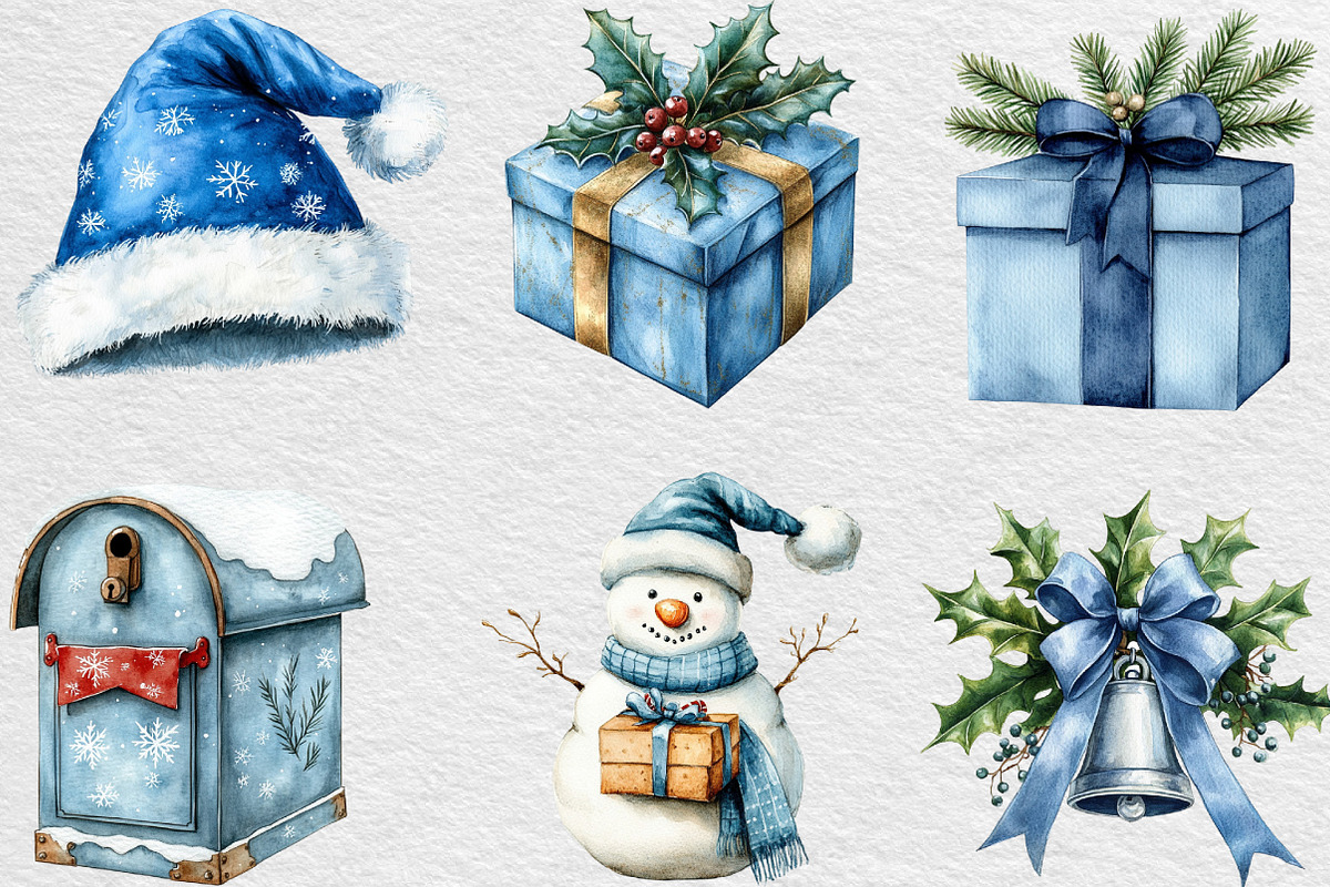 Watercolor Blue Christmas Clipart, an Illustration by Black Bird Studio (Photo 3 of 6)
