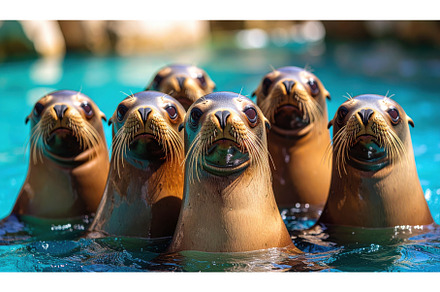 Group of curious sea lions looking