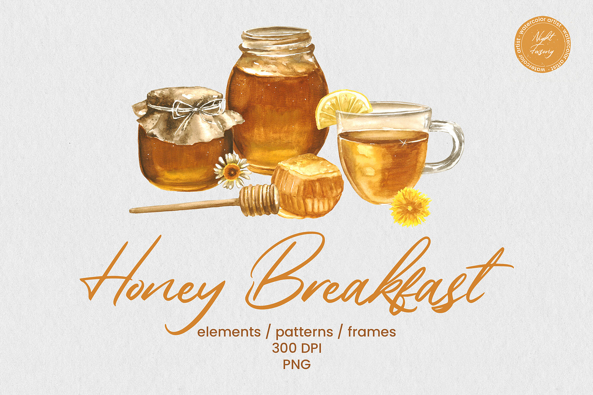 Honey Breakfast Watercolor Bundle, a Food Illustration by foxsong (Photo 1 of 12)