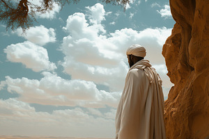 A arabic figure in traditional white attire stands on a rocky outcrop overlooki, a Person Photo by Textures & Backgrounds