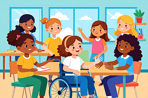 Diverse group of children learning together in a classroom, an Education Illustration by DanFLCreativo