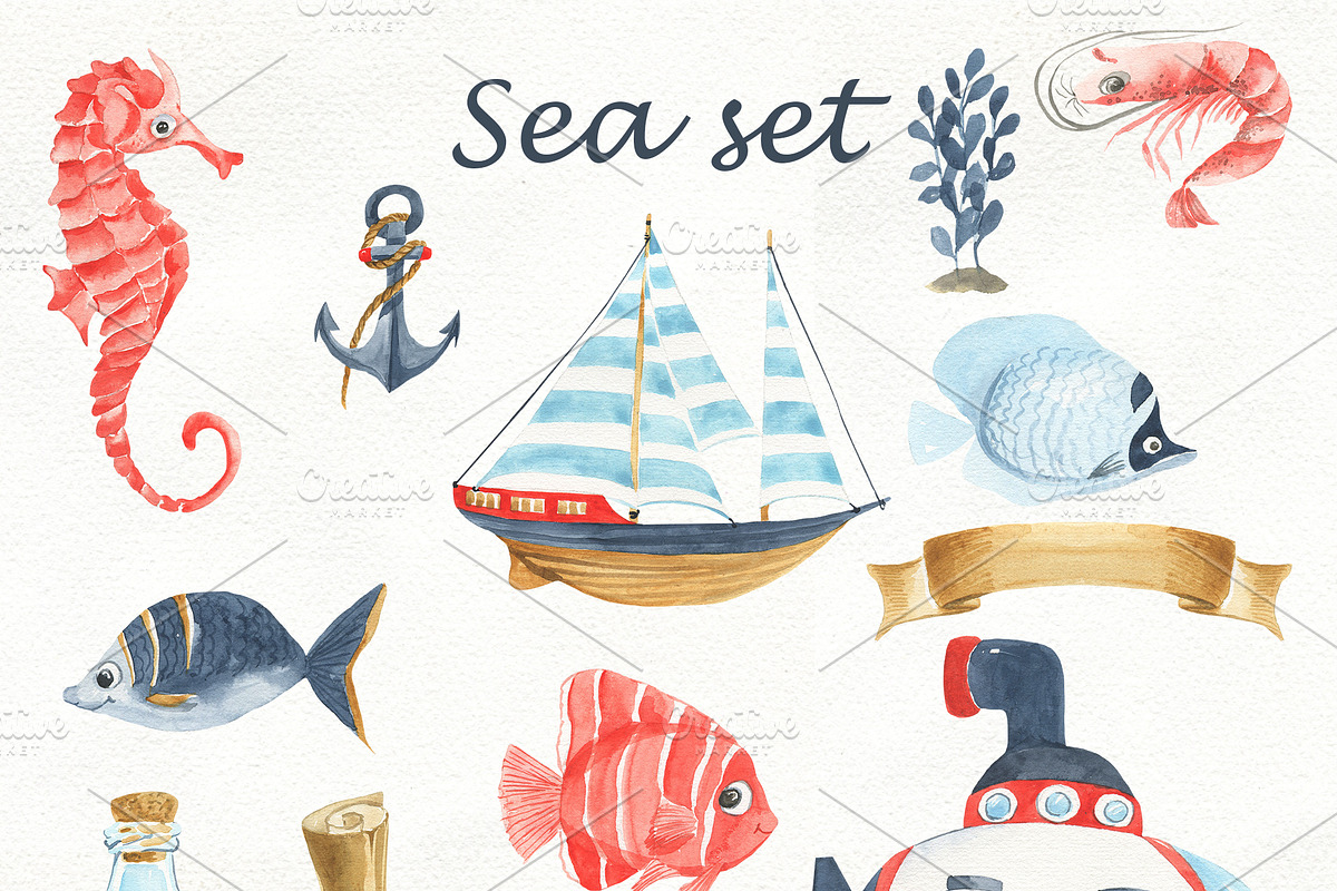 Marine set watercolor, an Animal Illustration by Love Watercolor Store (Photo 2 of 6)
