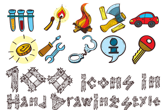 100 Color Icons Hand Drawing.