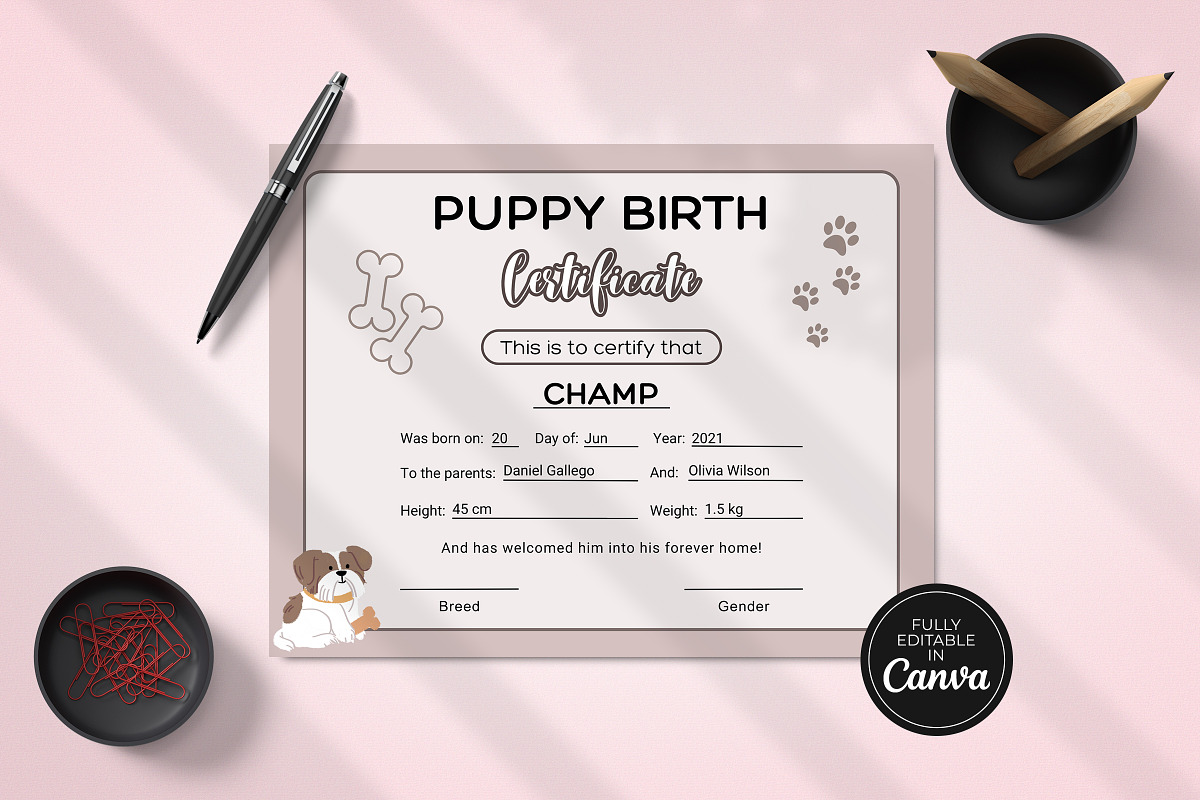 Editable Puppy Birth Certificate, a Print Template by Snapybiz (Photo 3 of 11)