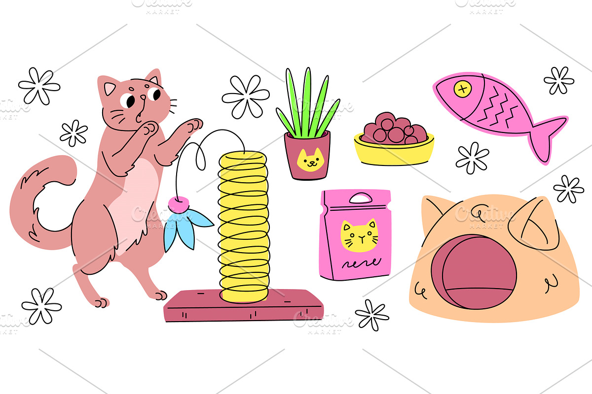 Cat care accessories set isolated on, an Animal Illustration by art PVP - market