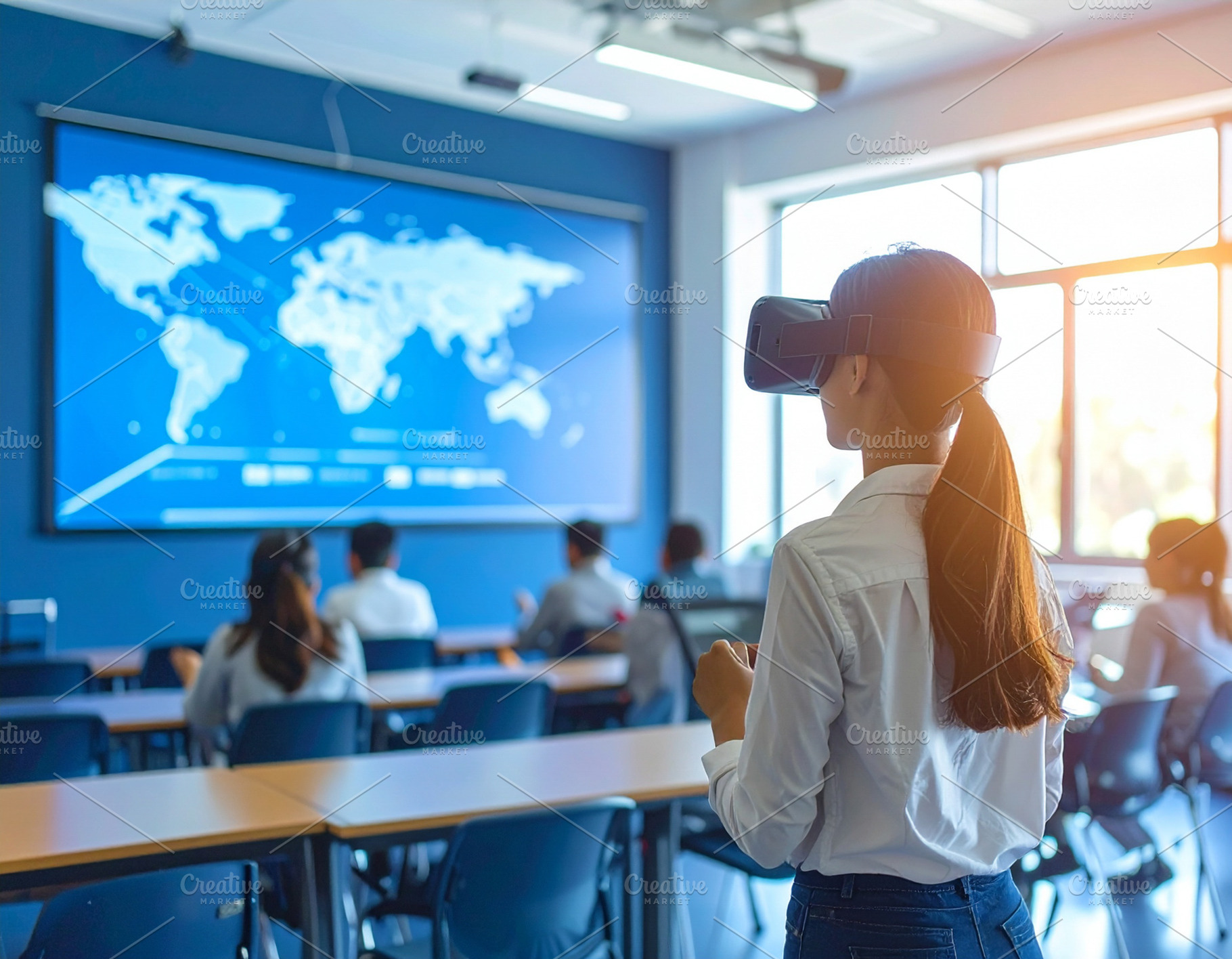 Student wearing AR glasses in a classroom symbolizing immersive, a School & Education Photo by DanFLCreativo