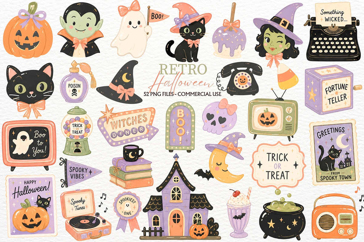 Retro Halloween Clipart Spooky PNG, a Seasonal Illustration by SugarCloudStudioArt (Photo 1 of 6)