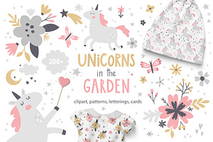 Unicorns in the garden kids clipart