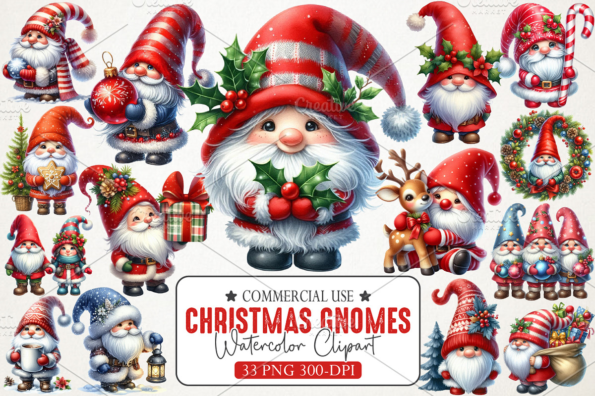 Cute Christmas Gnomes Watercolor PNG, an Illustration by RobertsArt (Photo 1 of 5)