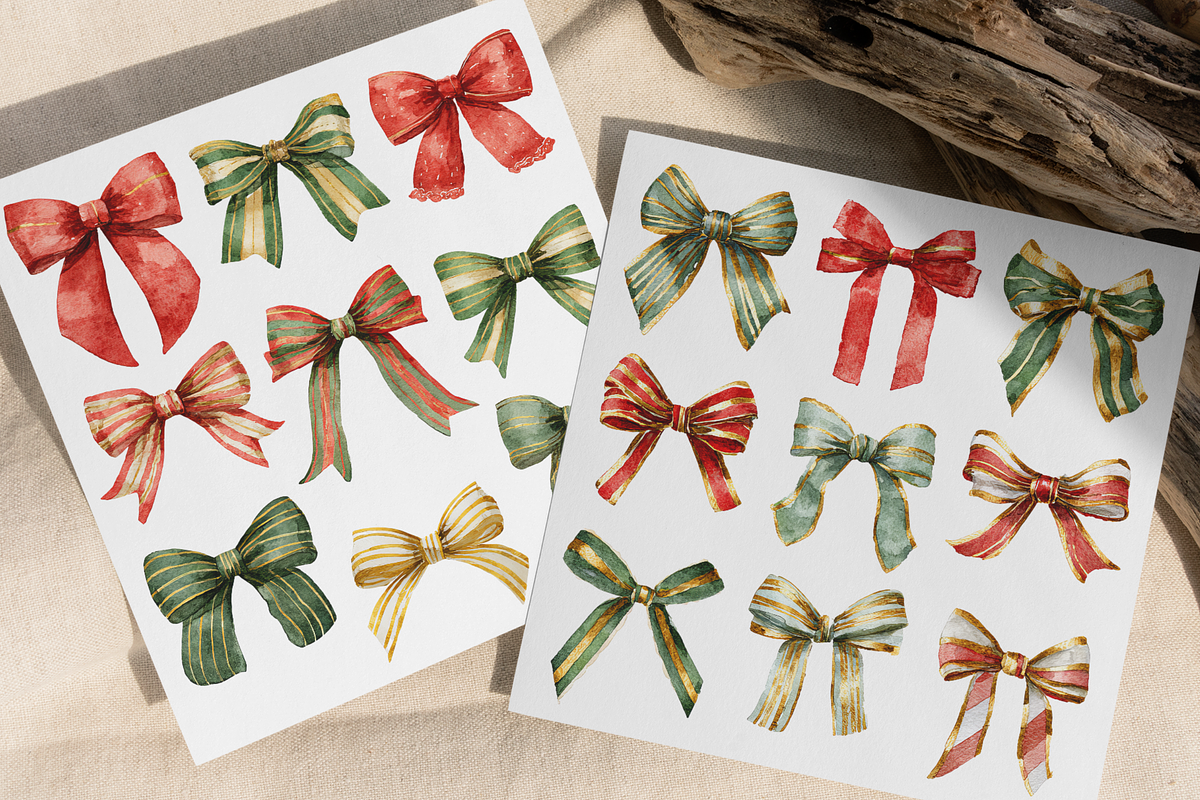 Watercolor Christmas Festive Bows, a Decorative Illustration by ThaismotaCreativeCo (Photo 7 of 9)