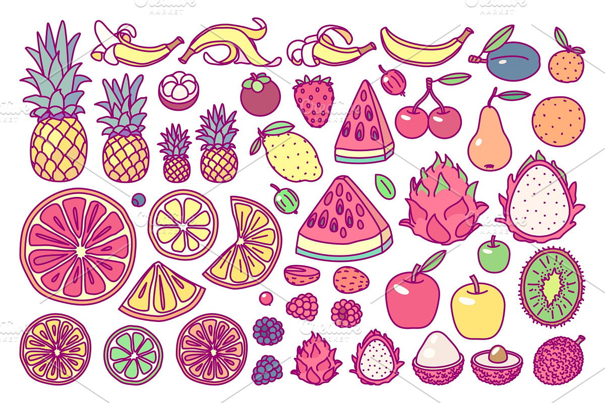 vector cute drawn fruits set, a Food Illustration by WINDmade