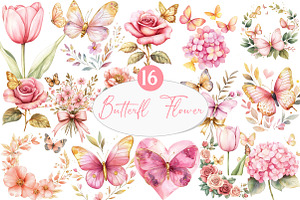butterfly and Flower Clipart, an Illustration by Watercolor design