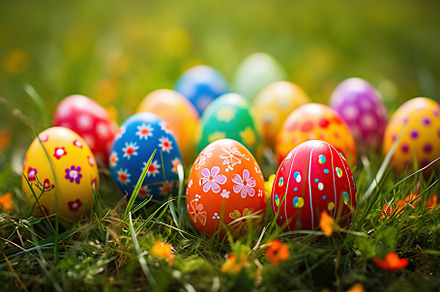 Colorful easter eggs on green grass, a Holiday Photo by AlyaAnd