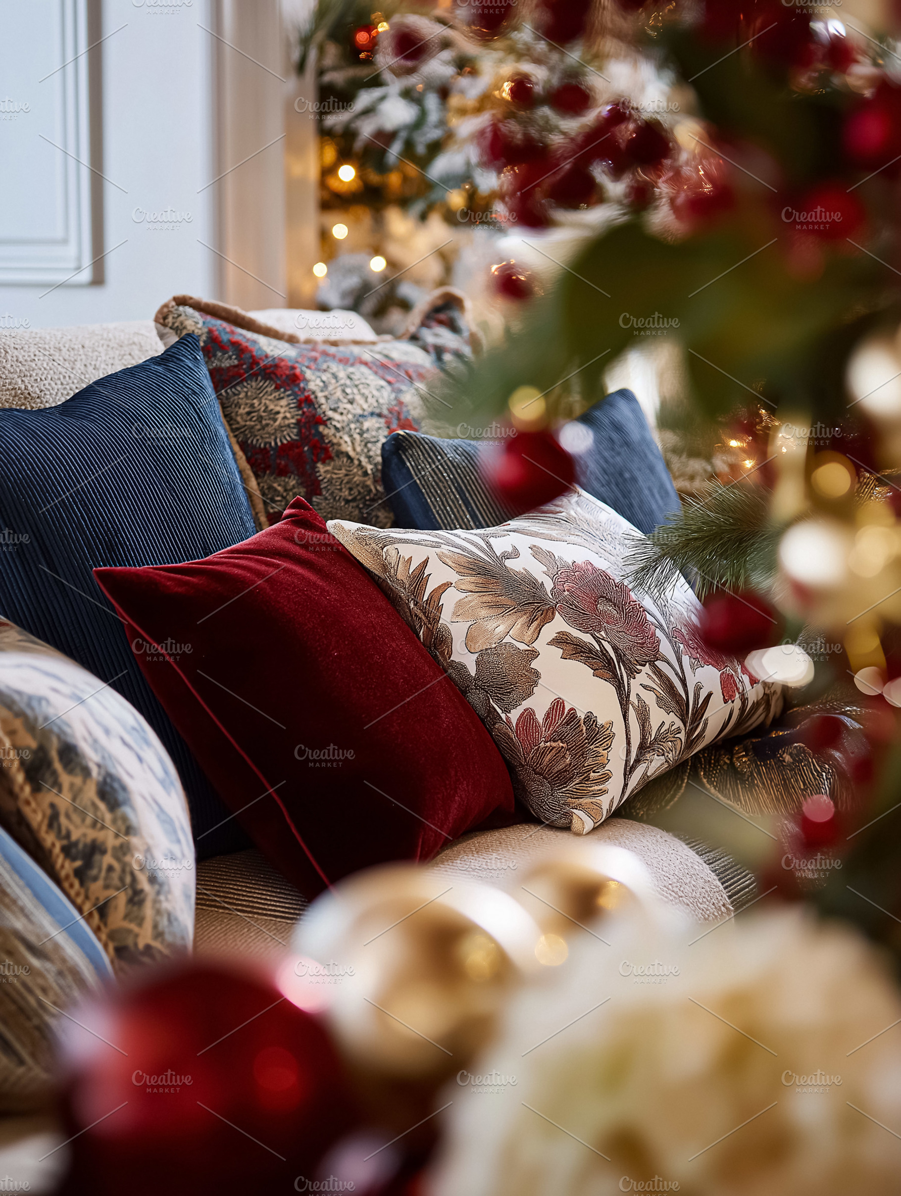 Cozy living room sofa with decorative cushions, Christmas tree lights and festi, a Holiday Photo by Studio ANNA